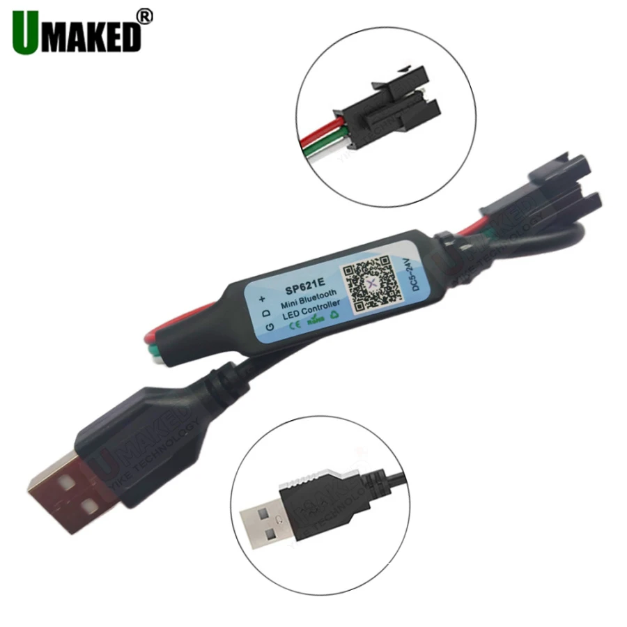USB SP621E 미니 블루투스 LED 컨트롤러, 스마트 앱 매직 컬러 조광기, SPI 주소 지정 가능 디지털 IC, WS2812B 2811 5050 LED 스트립용