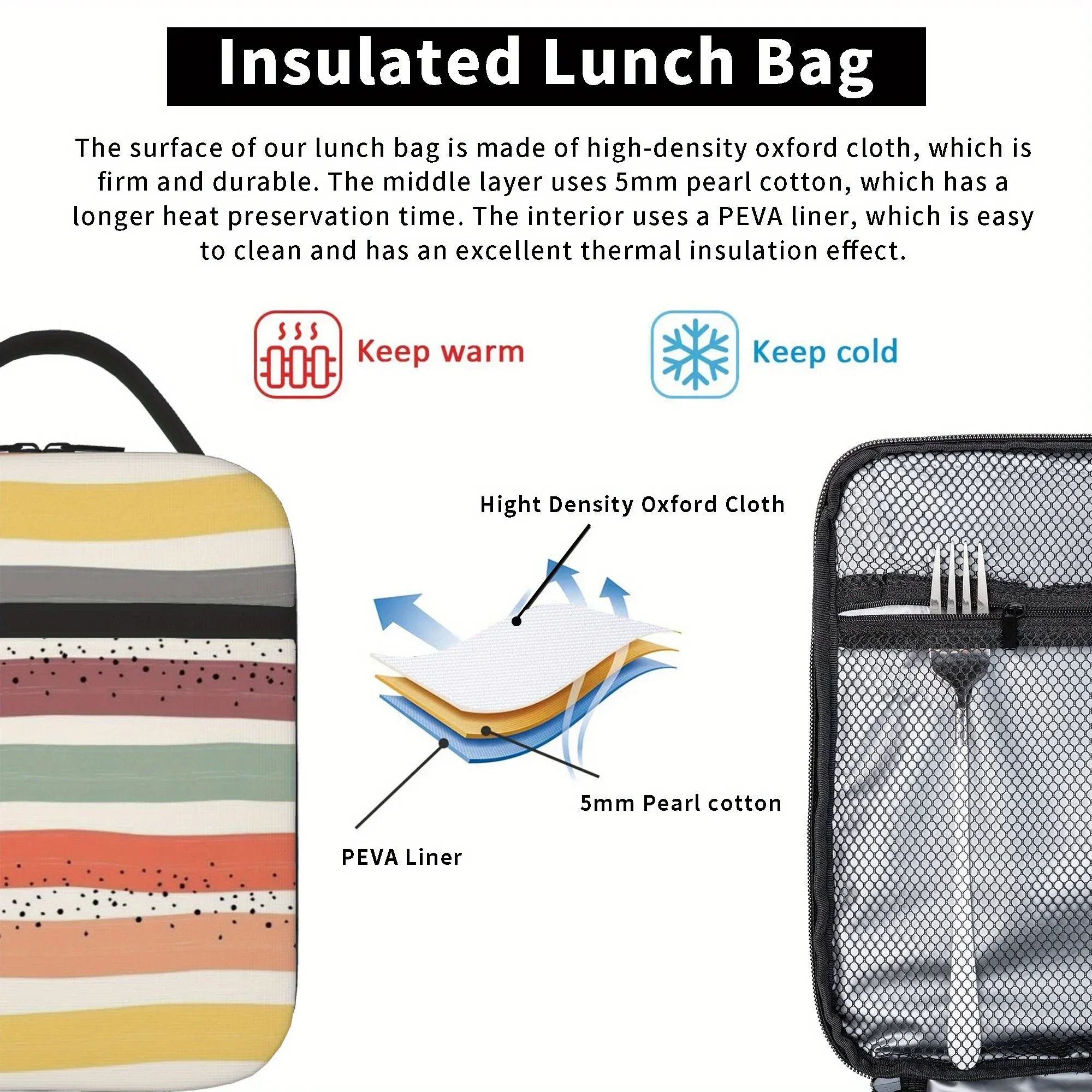 1pc, Printed Striped Pattern Thermal Insulation Bag, Not for Direct Food Contact, Suitable for Home, Restaurant, Office, Classro