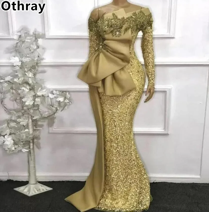 Otray-Vestidos de noite femininos com renda dourada, sem ombro, mangas compridas, vestidos de baile de sereia, convidado de casamento formal, Aso Ebi