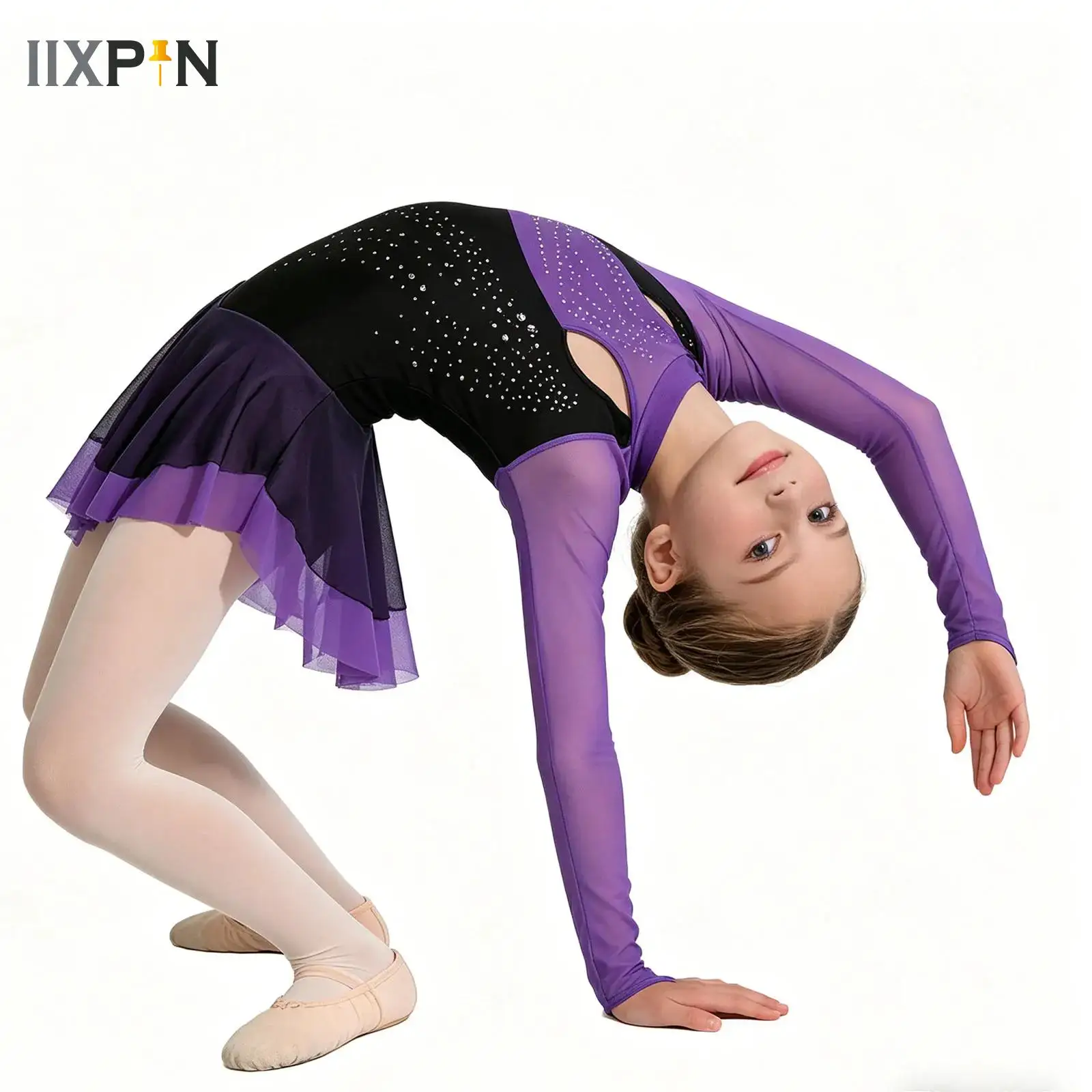

Girls Long Sleeve Finger Holes Rhythmic Gymnastics Dress Rhinestones Figure Skating Ballet Jersey Dance Leotard Performance Tops