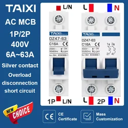 AC Circuit breaker MCB DZ47  6A 10A 16A 20A 25A 32A 40A 50A 63A 220V Circuit Overload, Disconnect, Short Circuit Protection