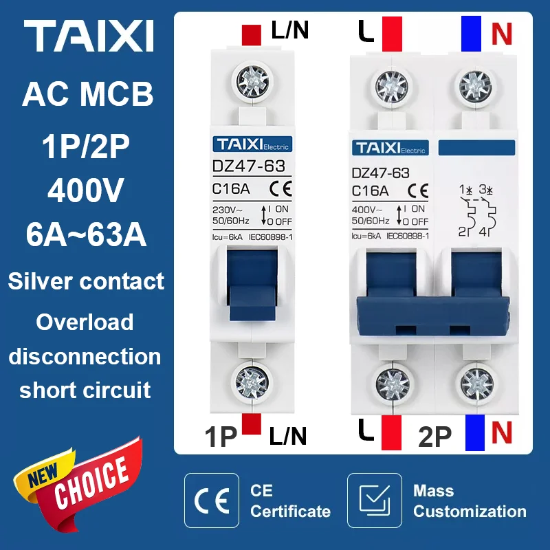 AC Circuit breaker MCB DZ47  6A 10A 16A 20A 25A 32A 40A 50A 63A 220V Circuit Overload, Disconnect, Short Circuit Protection