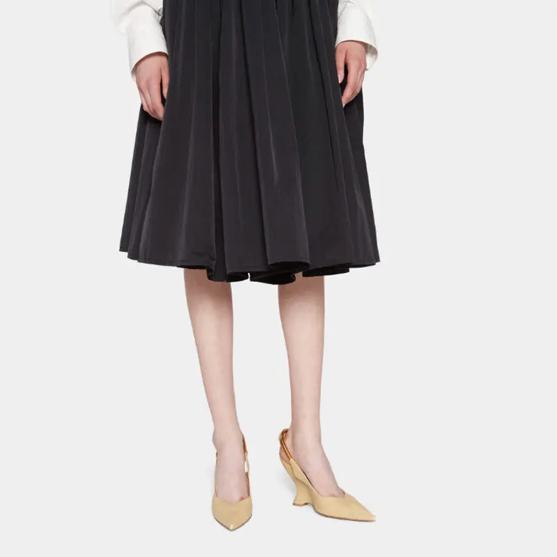 Metal Back Straps Black Pointed Toe Pumps Soft Leather High Heeled Thick Wedge Sandals Sexy Women's Large Size Shoes