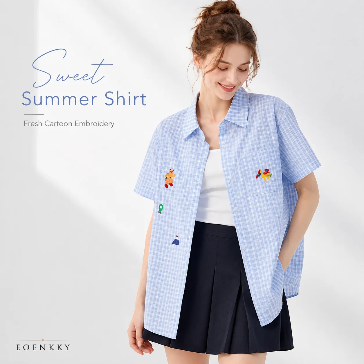 EOENKKY Women Blue Gingham Shirt Cartoon Embroidered Short Sleeve Button Down Loose Fit Summer Casual Blouse Top