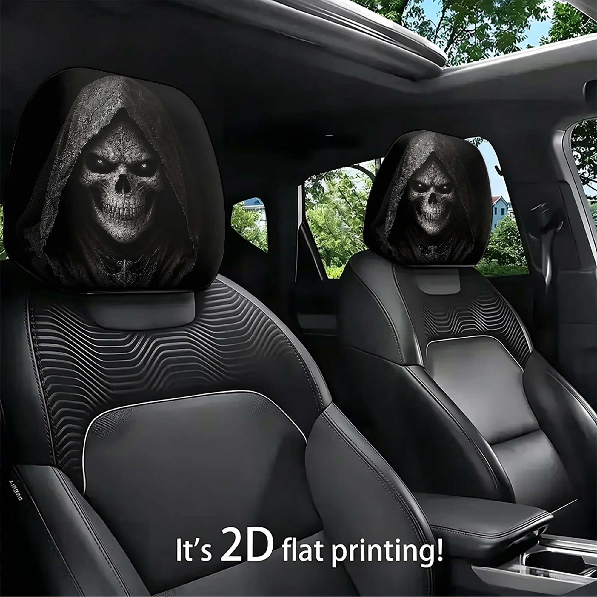 2pcs Death God-themed car headrest covers to add a dark, bold style to your car’s interior. Filling not included. Easy to instal