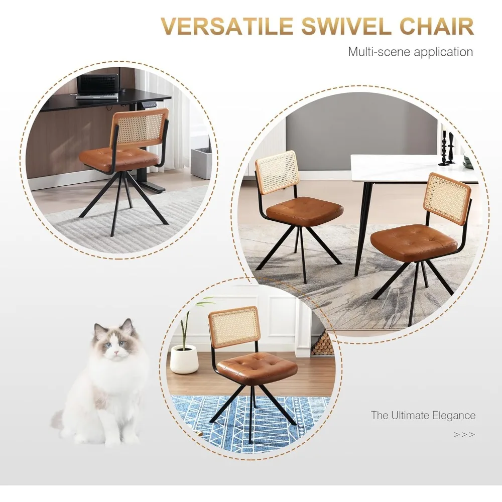 rattan desk chair no wheels, mid century modern home office chair with cane mesh & wooden back, vintage faux leather swivel acc