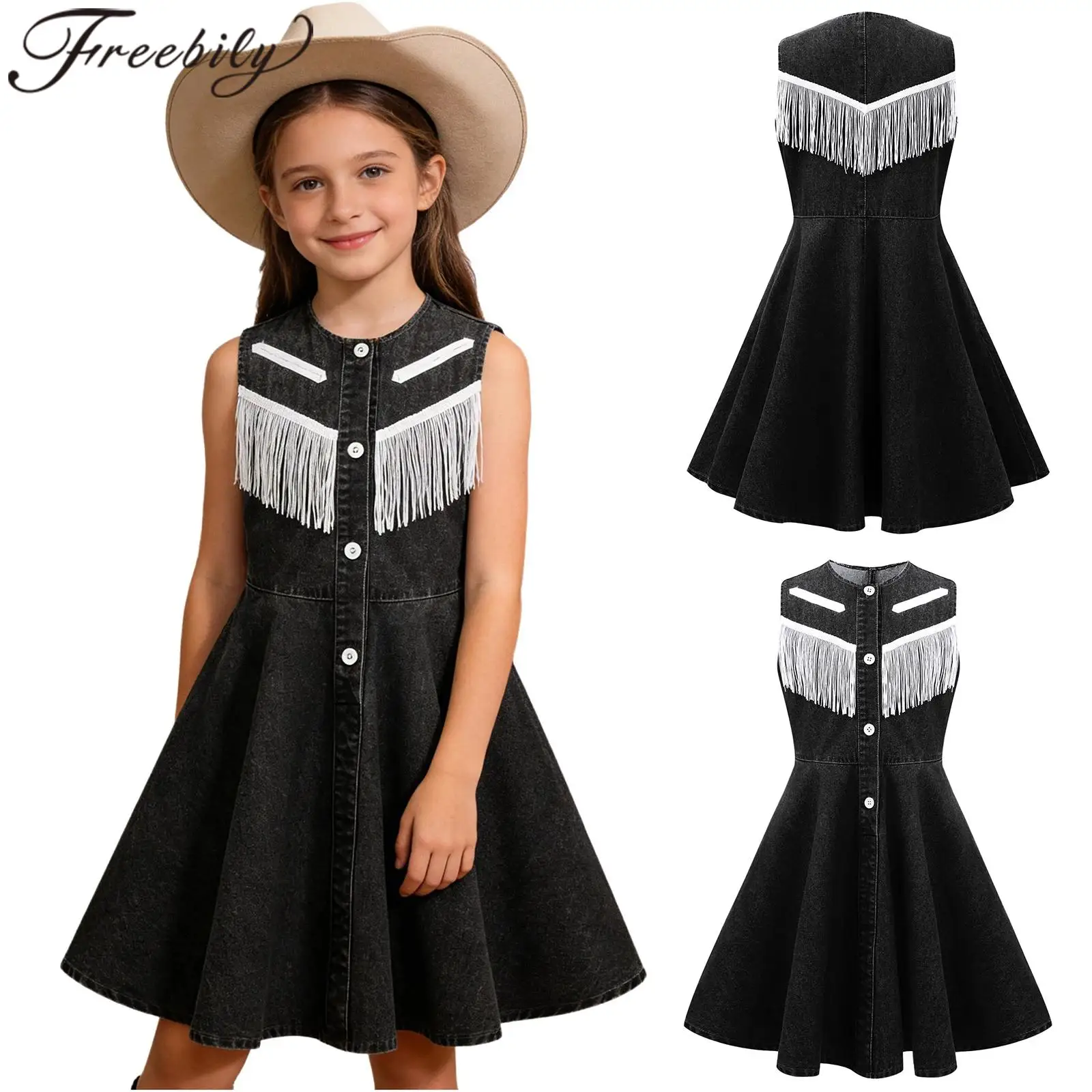 

Girls Western Style Cowgirl Costume Cowboy Dress Up Tassel A-Line Denim Dress for Hippie Party Masquerade Halloween Costumes