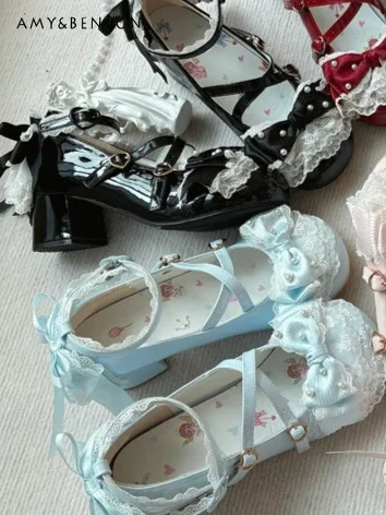 

Lolita Bow Round Head Middle Heel Mary Jane Shoes Sweet Girl Lace Splicing Pearl Strap Heel Single Shoes Versatile Jk Pu Shoes