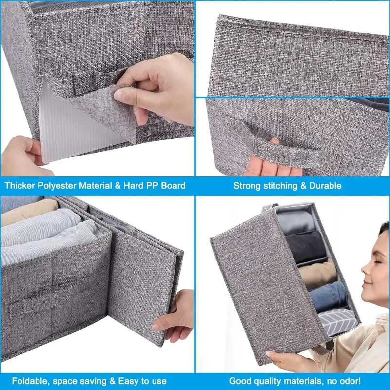 Large Size Foldable Clothes Organizer Cotton Linen Wardrobe Drawer Organizer Closet Pants Jeans Storage Box with Dividers Handle