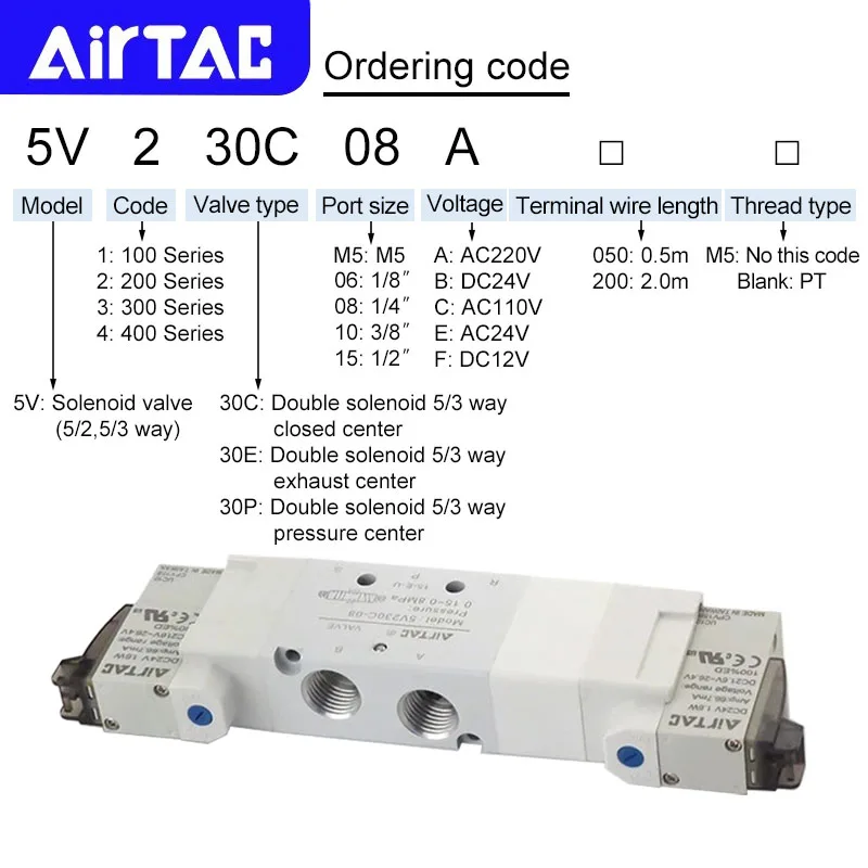 AIRTAC 5V130C-06/M5 5V230C-08 5V330C-10 E P Original Pneumatic 5/3 Way Double Solenoid Valve Reversing Valve 12V 24V 110V 220V