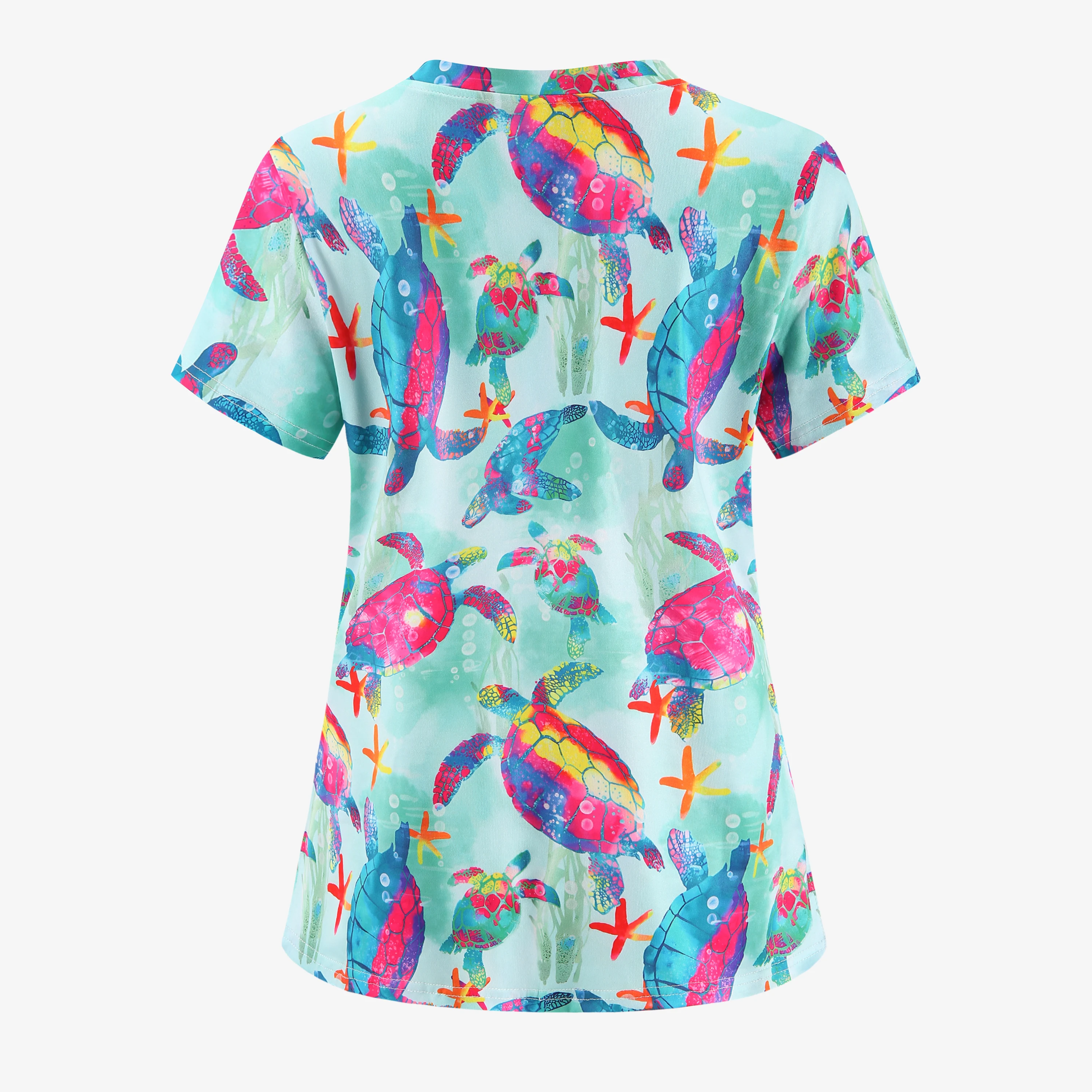 XUANSHOW Ocean Theme Women Nurse Style Scrub Top Turtle Print Short Sleeve Uniform V Neck Summer Casual Tees