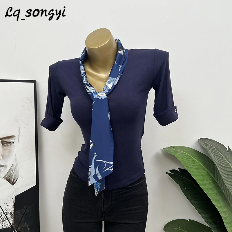 

Lq_songyi Korean Pop T Shirts Short Sleeve Scarf Collar V Neck T Shirt High Strecth Top Summer Women Elegant Slim Fit T-shirt