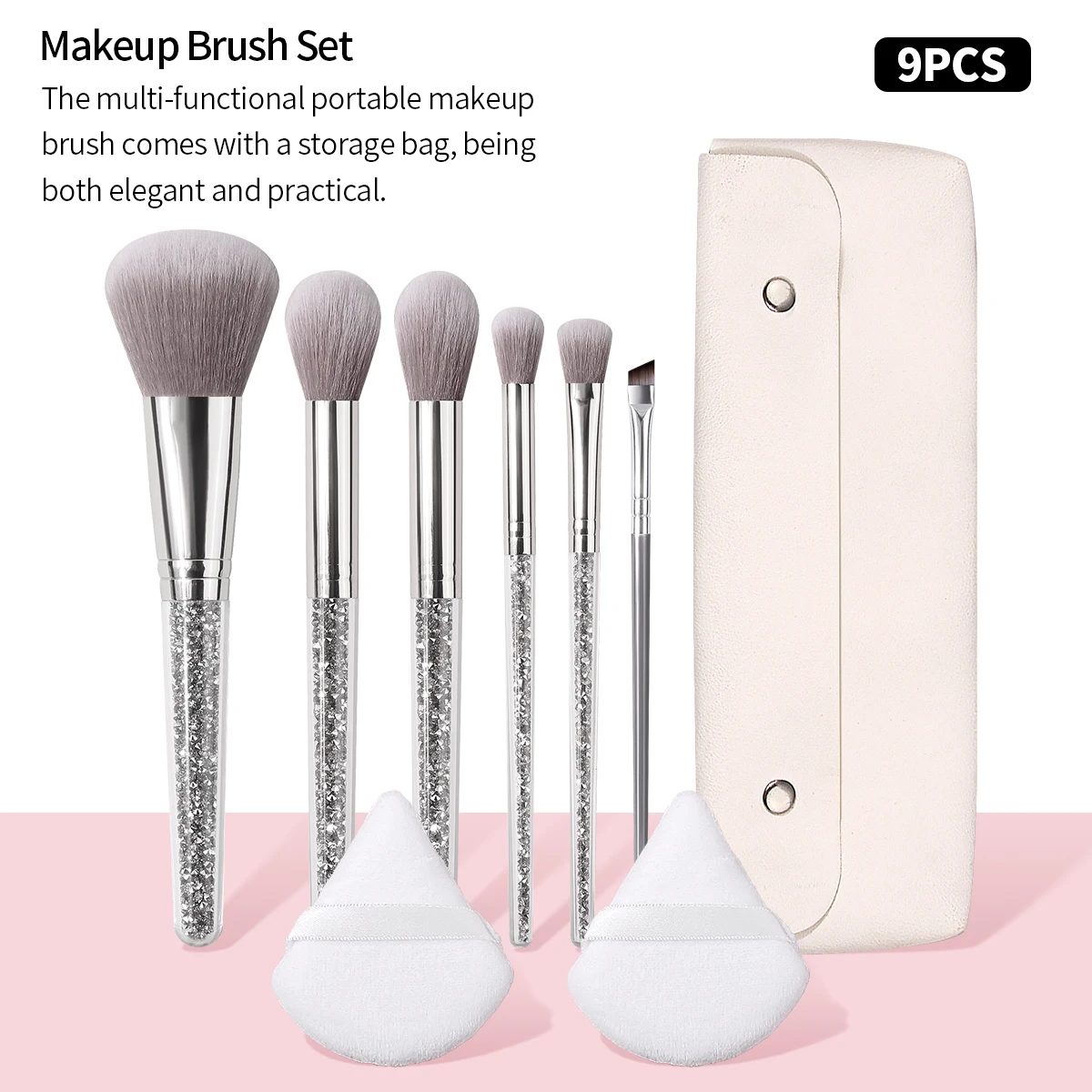 9Pcs Glitter Handle Makeup Brushes Set with Triangle Powder Puff Portable Storage Bag Foundation Blush Eyeshadow Blending Tools