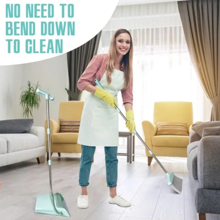 مجموعة مكنسة ومجارف مع أسنان تنظيف 55 مجموعة كنس داخلية بمقبض طويل للمنزل والمكتب والمطبخ باللون الأخضر المزرق الفعال F #6