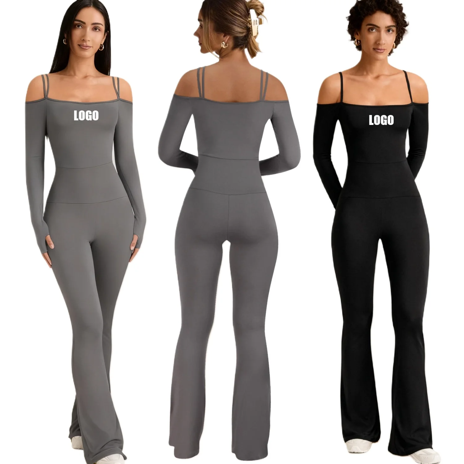 

Custom LOGO women's autumn winter new onesie beautiful back double shoulder strap sexy one-piece long-sleeved bell pants