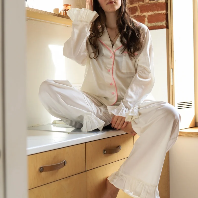 

Women’s 2 Piece Pajamas Set Cute Long Sleeve Ruffle Trim Shirt + Pants Set Lounge Clothes