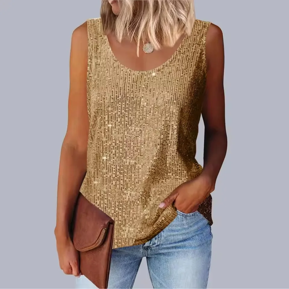 2026 Sommer Mode Sexy Elegantes Camisole-Top mit Glitzer-Pailletten, Rundhals, Ärmellos, Blusen, Hemden, Lässige Funkelnde Weste 3XL