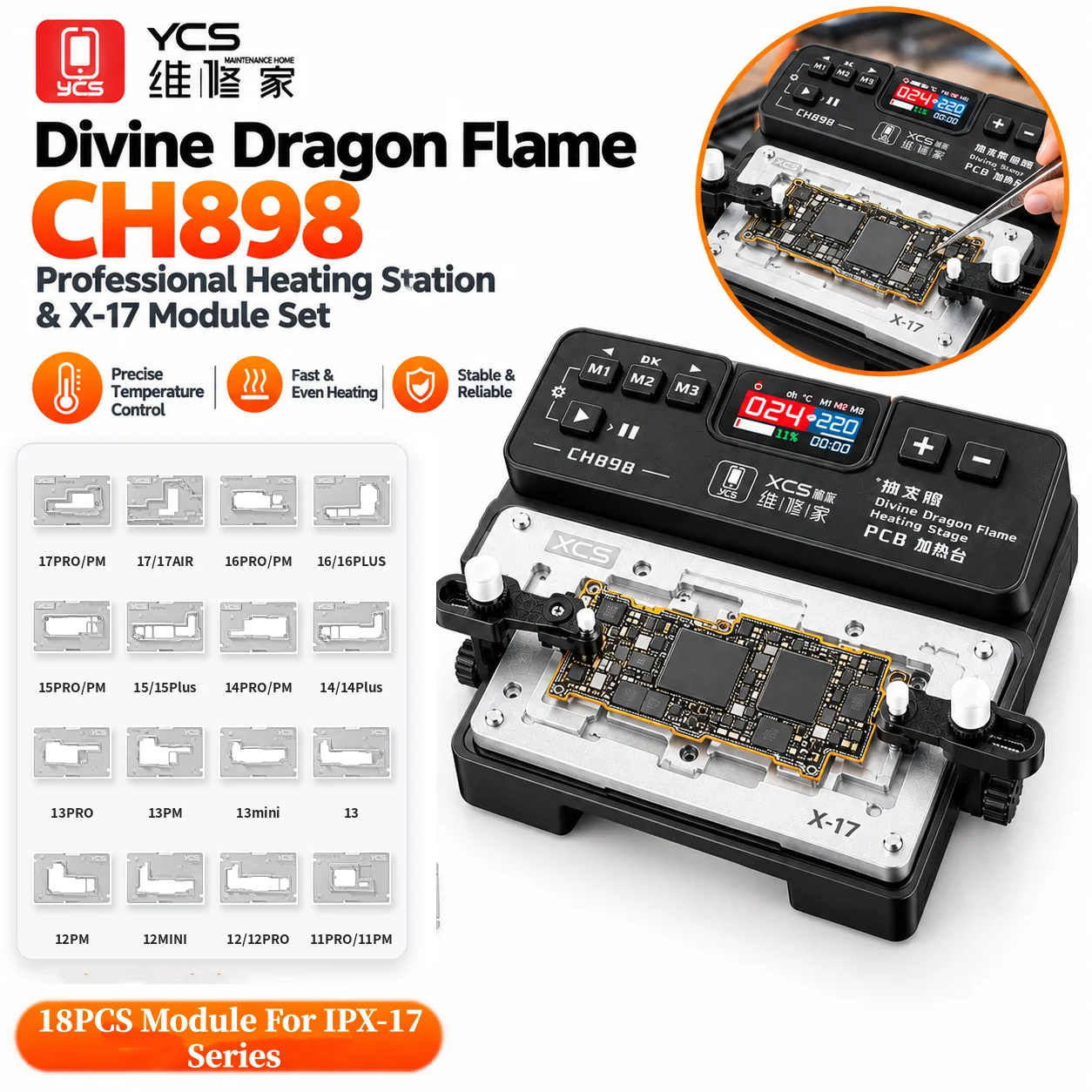 YCS CH898 PCB Preheating Station With 18PCS Module Heating Platform Constant Temperature for IPhone X-17 PCB Mainboard Repair