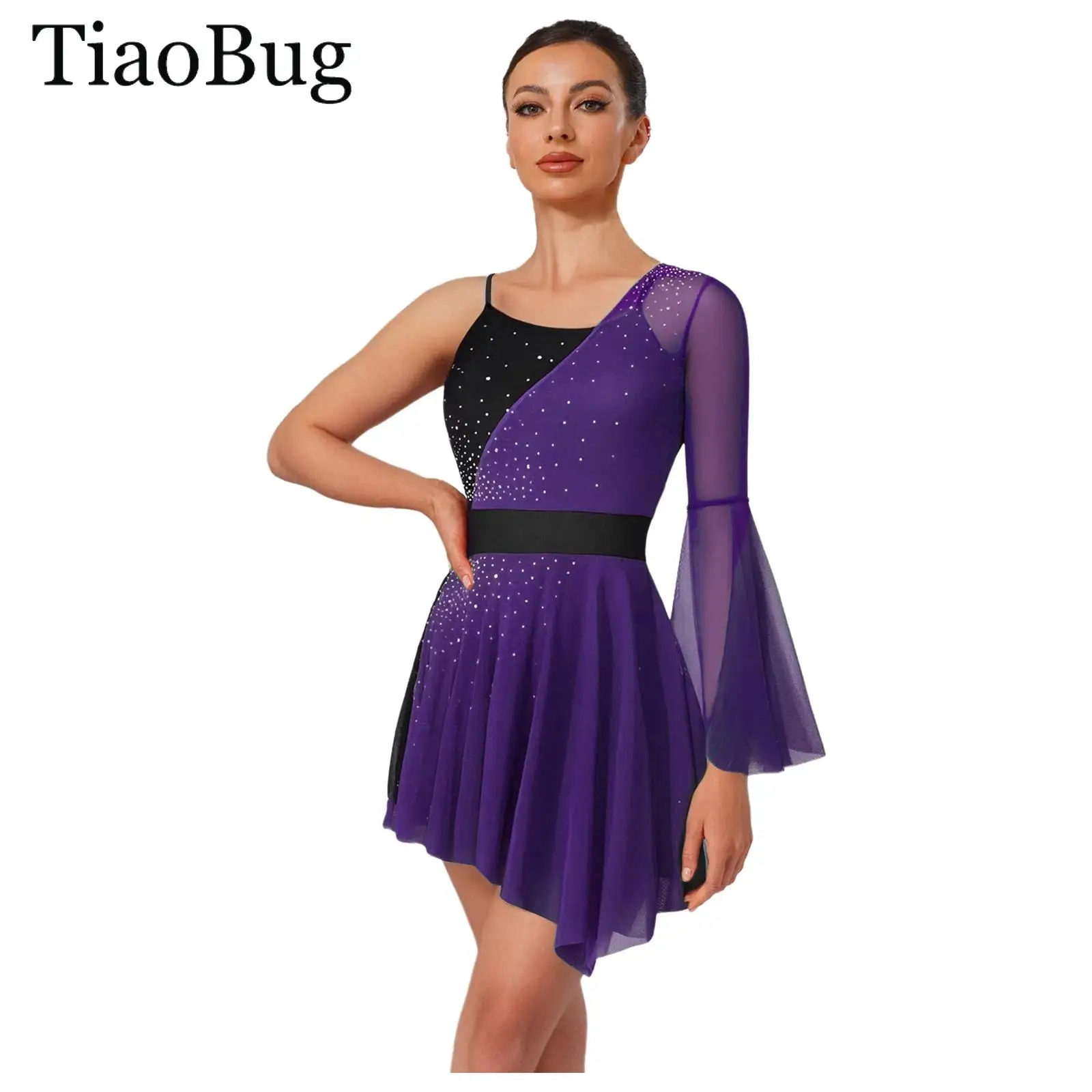 

Women Rhinestone Figure Skating Dress Color Block Mesh One Shoulder Flare Sleeve Lyrical Gymnastic Ballet Leotard Dance Costumes