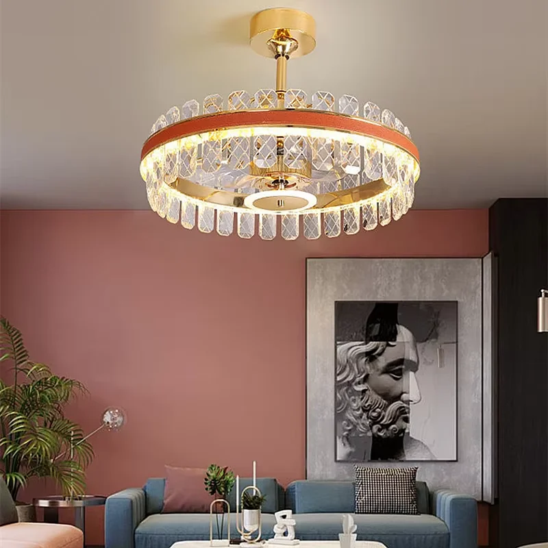 Modern LED Crystal Ceiling Fan Light Luxury Lighting for Living Room Bedroom Hotel Restaurant Three-Color Temperature Adjustment