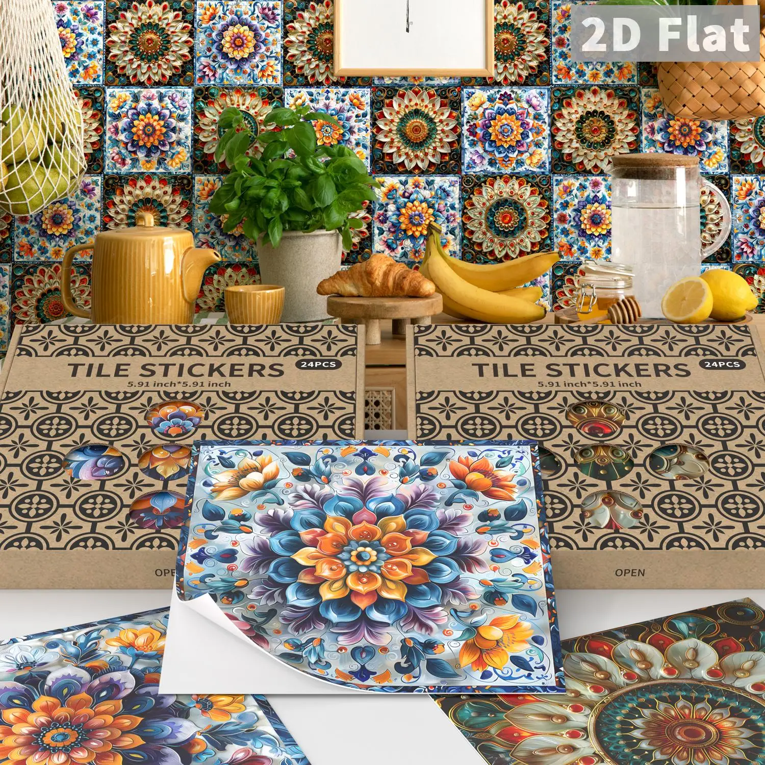 1 set of 24 high-definition floral tile decorative stickers with thickened self-adhesive for kitchen and bathroom decoration