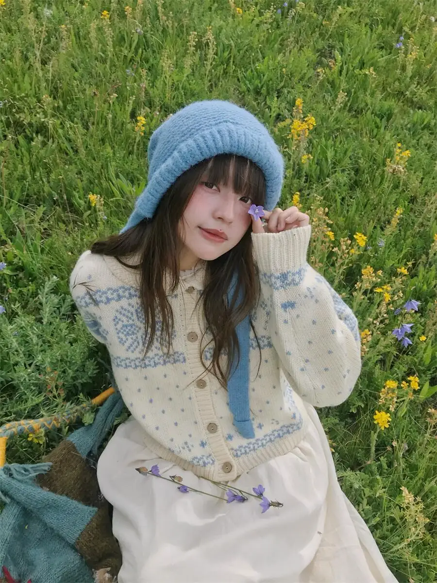 

Manu Snowy Sle ort Woolen Sweater Coat round Ne Knitted Sweater Warmth Floral Pattern Women's Sweet Sle Spring Autu...
