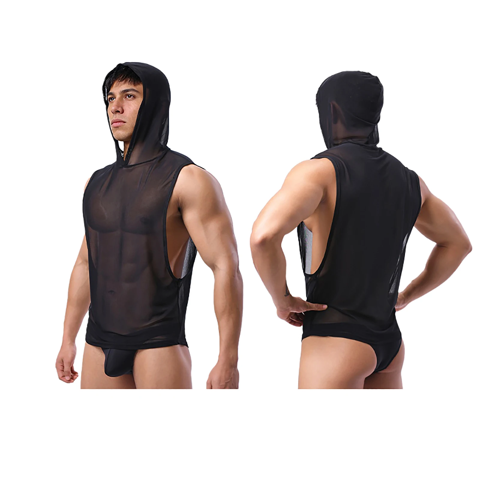 

Men Muscle Mesh Hooded Vest Sleeveless Sheer Tank Top Breathable Quick Dry Stretchy for Bodybuilding Gym Workout Training