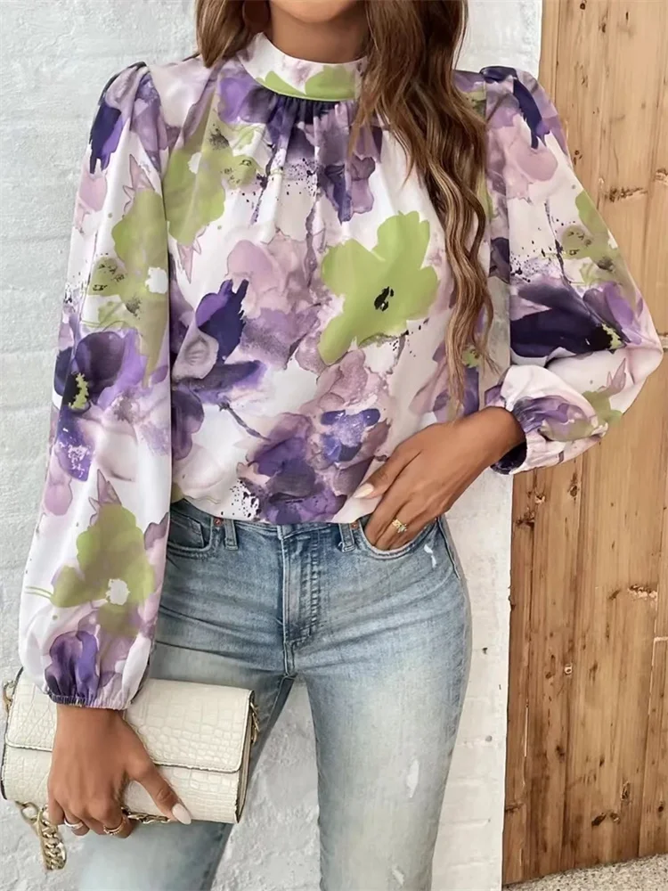 Women Spring Autumn Style Blouses Shirts Lady Casual Long Lantern Sleeve Stand Collar Printed Blouse Tops DF5022