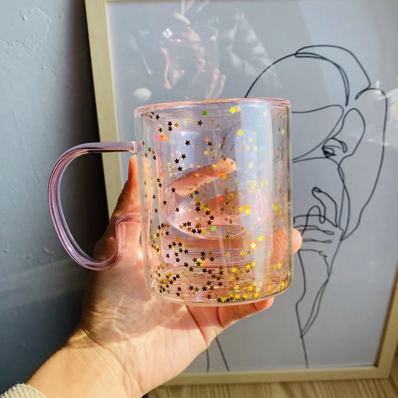 Cute Bubble-Star-Sky Glass Cup Korean ins Girl Heart Sequin Double-Wall Glass Coffee-Cup Handle Heat Resistant Milk Glass Cups