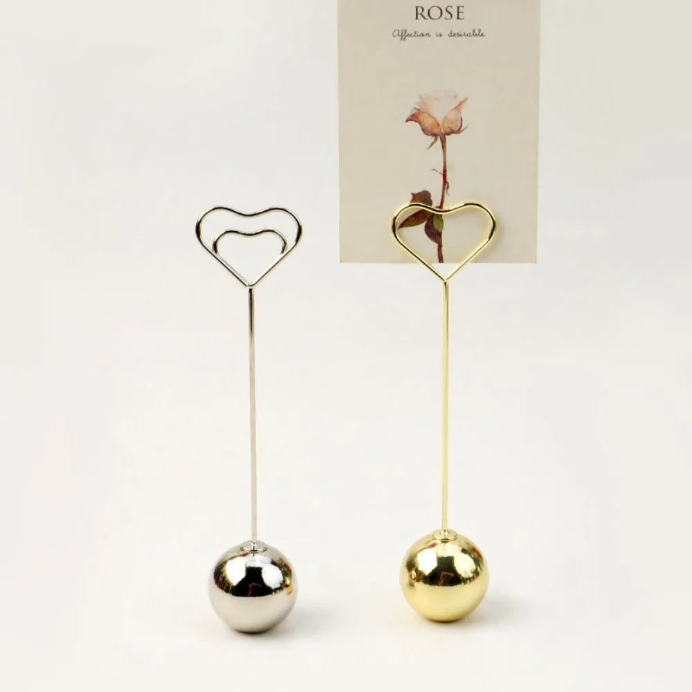 

2pcs Mini Memo Clip Holder Heart Shaped Vertical Design Table Number Stand Rustproof Metal Ball Base Photo Clip Stand