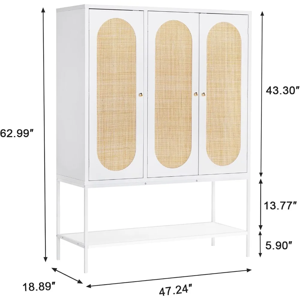 Large Armoire Wardrobe Closet with 3 Doors, Rattan Wardrobe Cabinet with Shelves and Hanging Rail for Clothes, Freestand