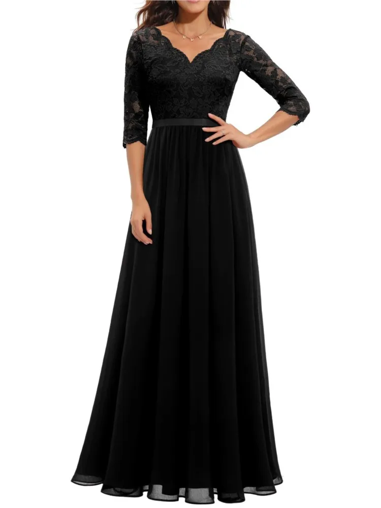 المرأة الجديدة بلون سليم المرقعة الدانتيل فساتين طويلة ربيع الخريف أنيقة الخامس الرقبة منتصف الأكمام عارية الذراعين ثوب مسائي فستان #4