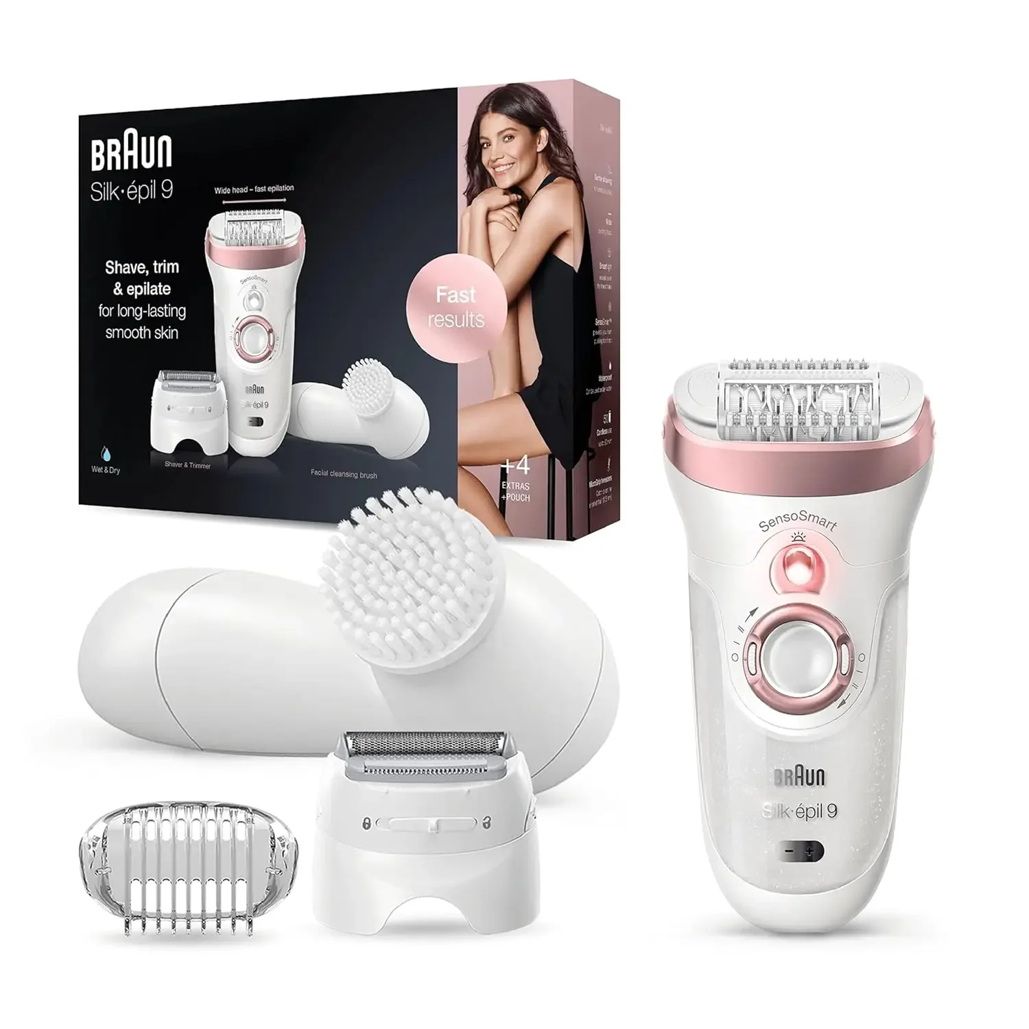 9-880 Epilator for Long-Lasting Hair Removal Includes a Facial Cleansing Brush High Frequency Massage Cap Shaver and Trimmer