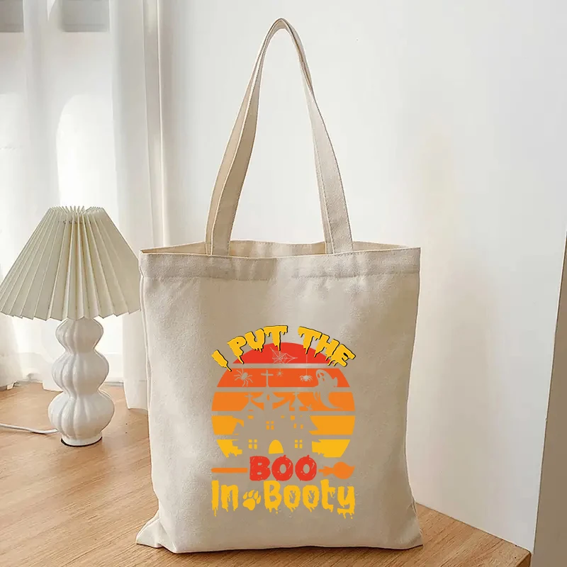 Halloween Canvas Tote Bag Large Capacity White Shoulder Bag Pumpkin Ghost Witch Black Cat Print Shopping Party Trick or Treat