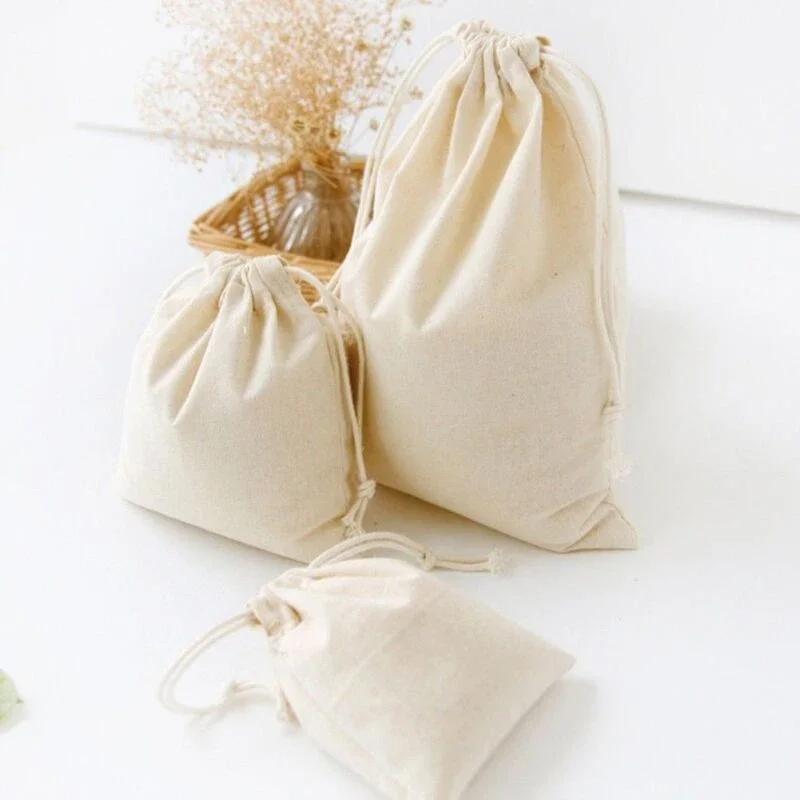 5pcs~1pcs Natural Cotton Drawstring Storage Bags Christms Wedding Gift DIY Plain Pouch Reusable Home Organize Dustbag