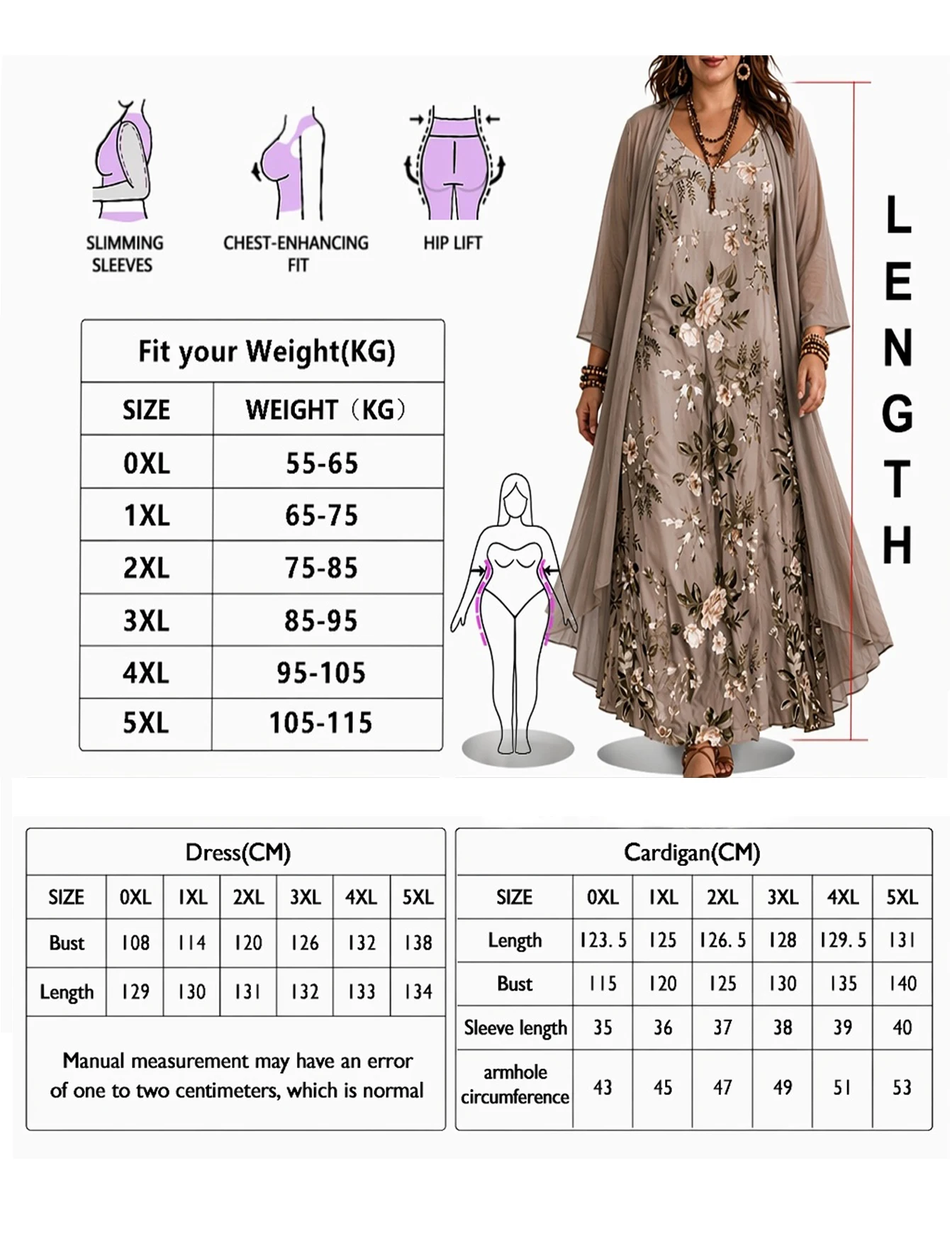 Frühlings- und Sommerkleid für Damen in Übergröße, elegant, im ländlichen Stil, mit Blumenmuster, Camisole-Kleid mit V-Ausschnitt, Dreiviertelärmeln und halbtransparenter Sonnenschutz-Strickjacke, langes zweiteiliges S – Detail 1