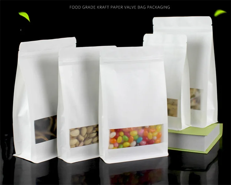 50 Uds. Bolsa de embalaje Ziplock con ventana de papel blanco de pie 3D, bolsas de almacenamiento resellables para aperitivos, galletas, té, café,
