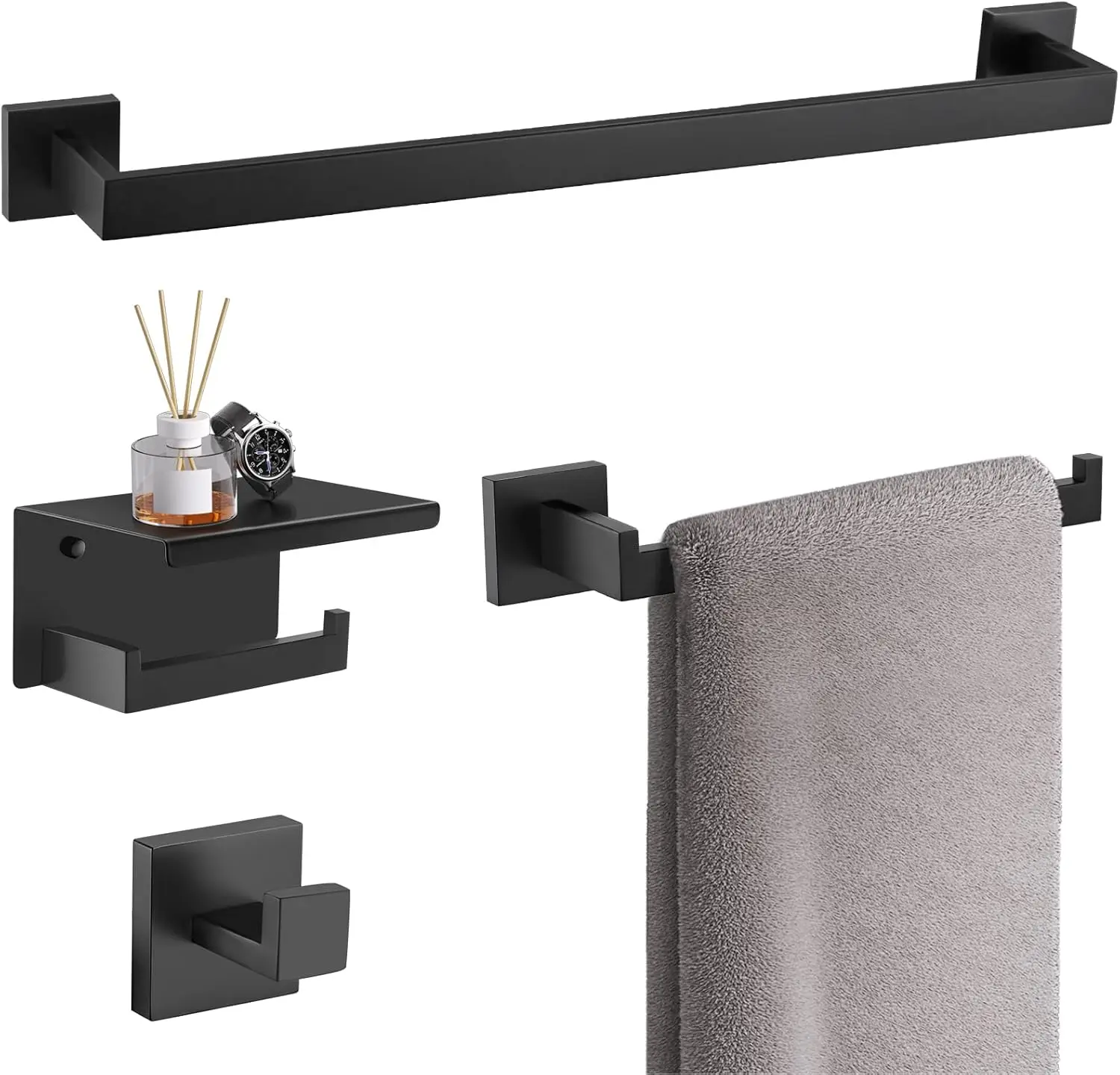 

Набор из 4 матовых черных вешалок для полотенец с полкой, фурнитура для ванной комнаты из нержавеющей стали, настенные аксессуары