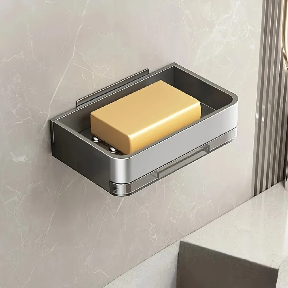 1PC No Drill Wall Mounted Soap Dish Holder Draining Design Aluminum Alloy Soap Holder with Tray Easy Clean Bathroom Accessories