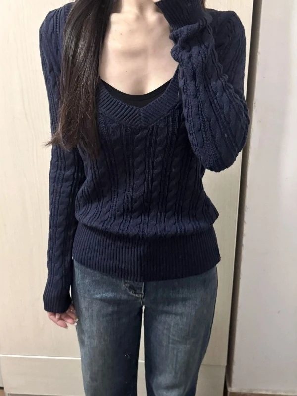 

Вязаный свитер American Sle Spicy Girl V Ne с закрученной талией, женский новый топ из полиэфирного волокна, длинный свеч