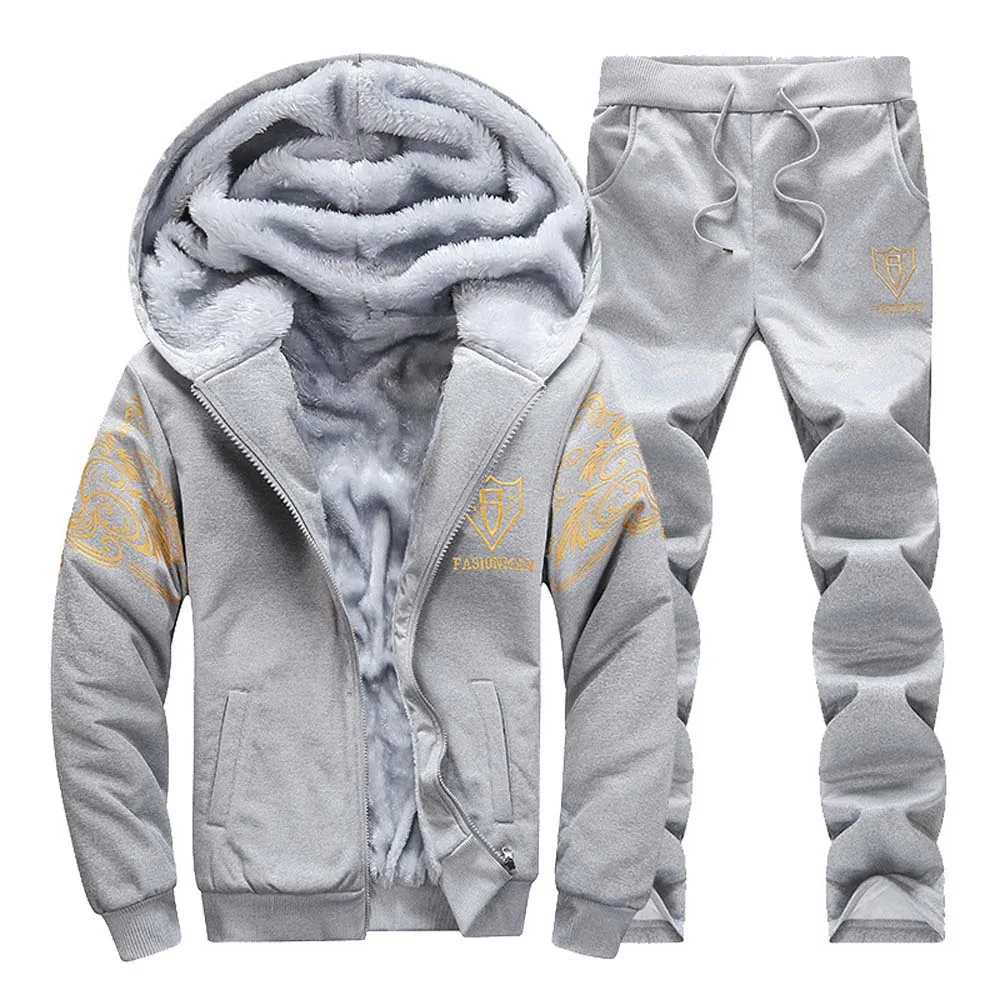 Men\'s Winter Thick Fleece Sports Suit Tracksuit Hooded Zipper Jackets Woolen Trousers Pants Casual Men Set