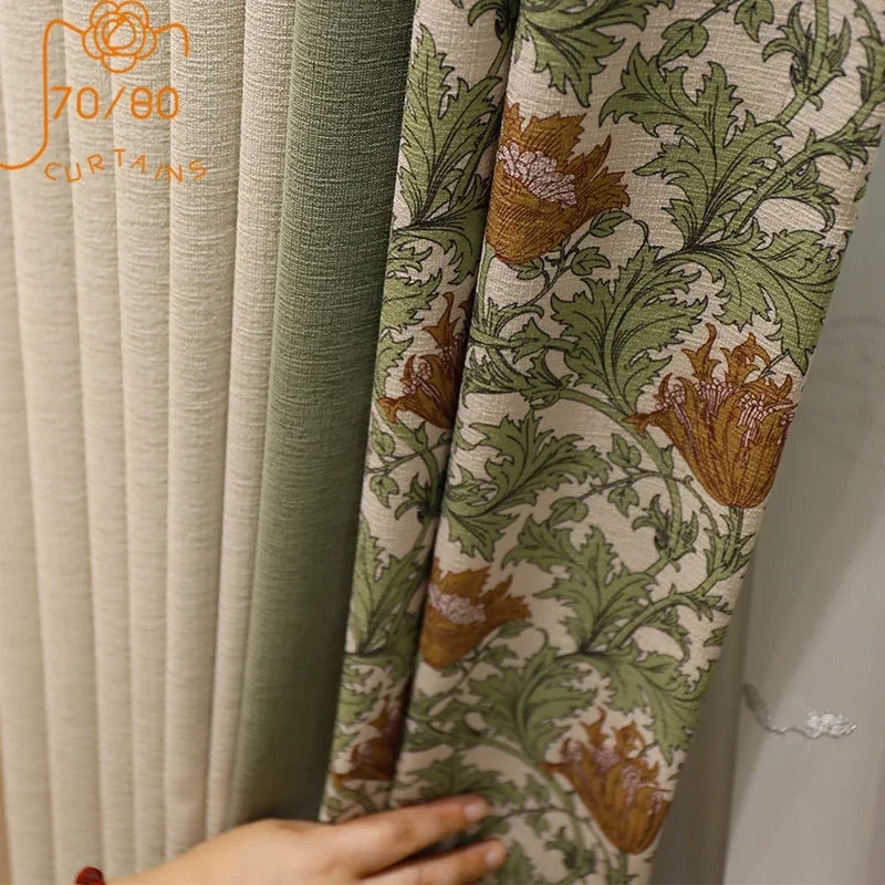 

Pastoral Retro Green Jacquard Cotton Linen Thickened Splicing Curtains for Living Room Bedroom French Window Customized Finished
