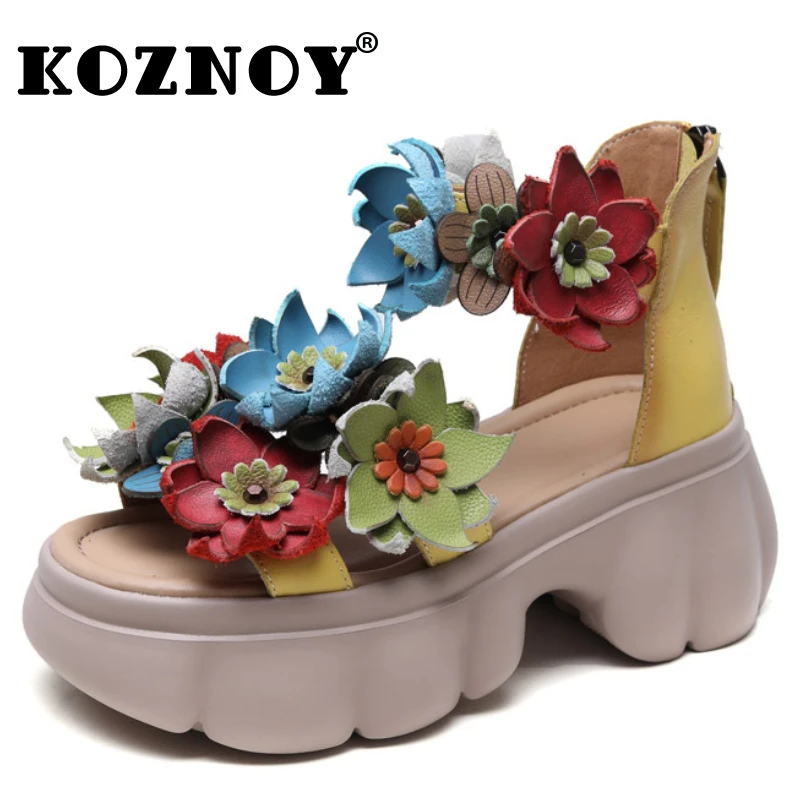 

Koznoy 7cm Genuine Leather Ethnic Wedge Platform Sandals Appliques Flower Fashion Slippers Summer Women Hollow Peep Toe Shoes