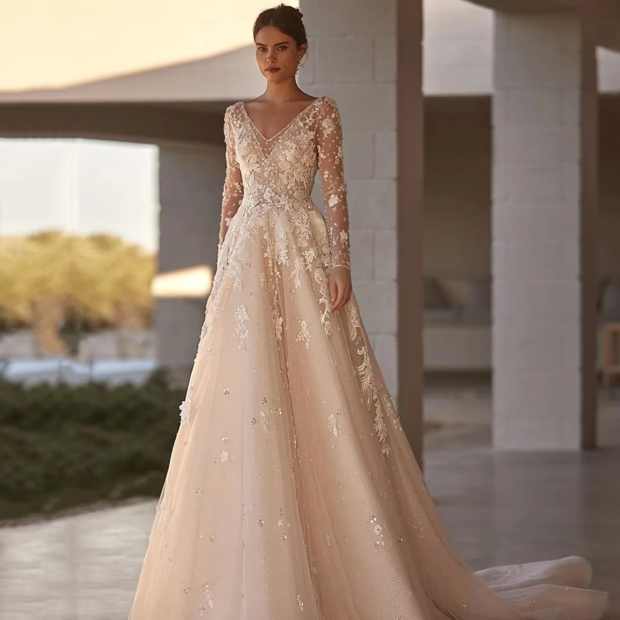 

RODDRSYA Boho Tulle Long Sleeve V-Neck Wedding Dress Long Sleeve Applique Bride Dress Applique Gown Vestido De Novia Customized