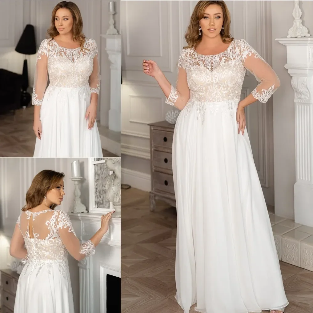 Elegant women's wedding dress Plus Size Classic lace round neck A-Line seven-point sleeve bridal dress Sweep Train robe Mary