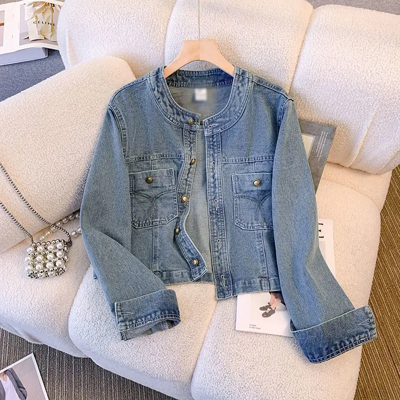 

Denim Coat Women Short Jacket Vintage Distressed Washed Overcoat Round Collar Single Breasted Pockets Spring Autumn Outerwear