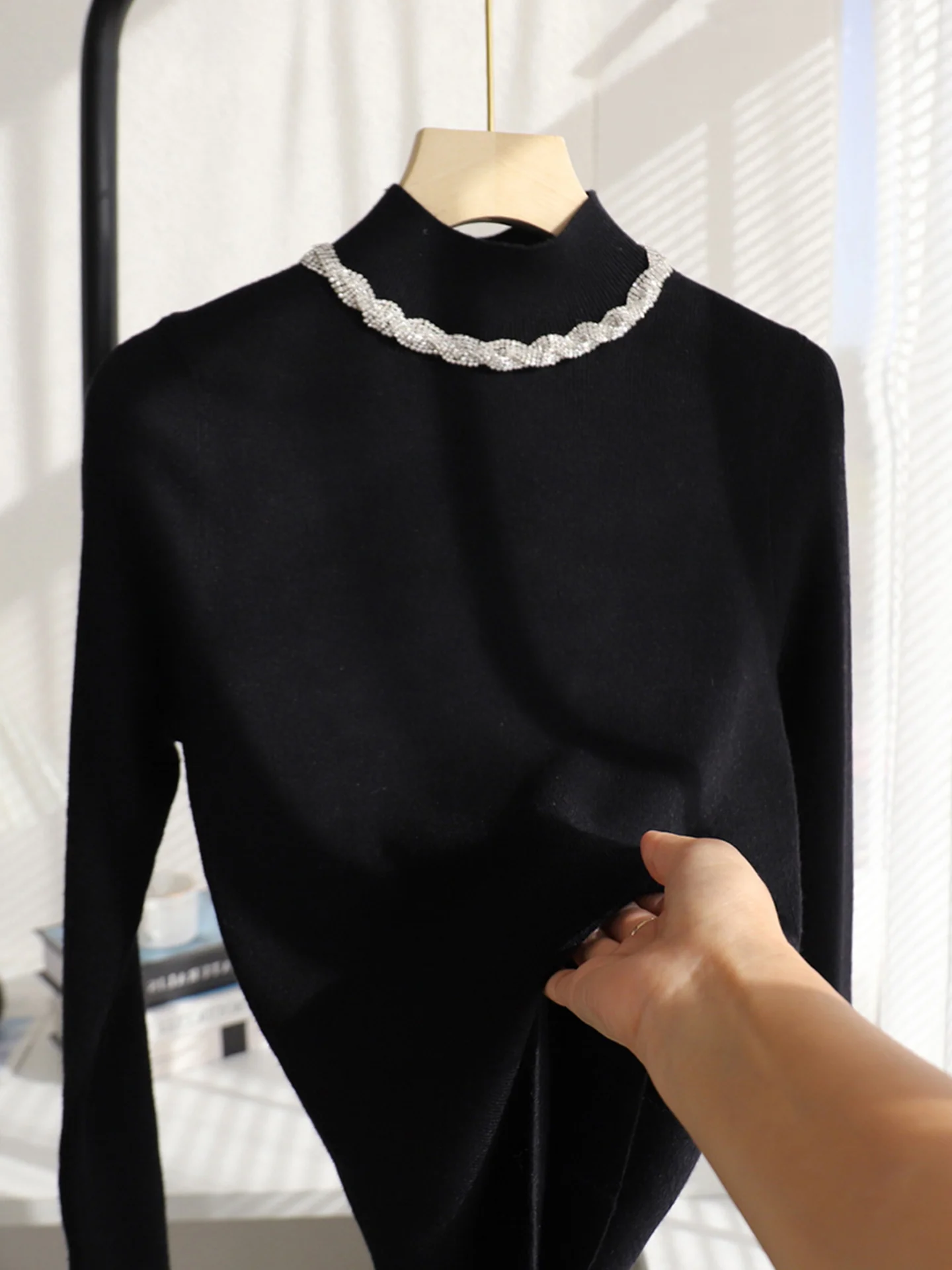 

Вязаный свитер со стразами Long Sve Base Layer Pure Color Inner Wear Commute Sle Корейский крой Средний вес