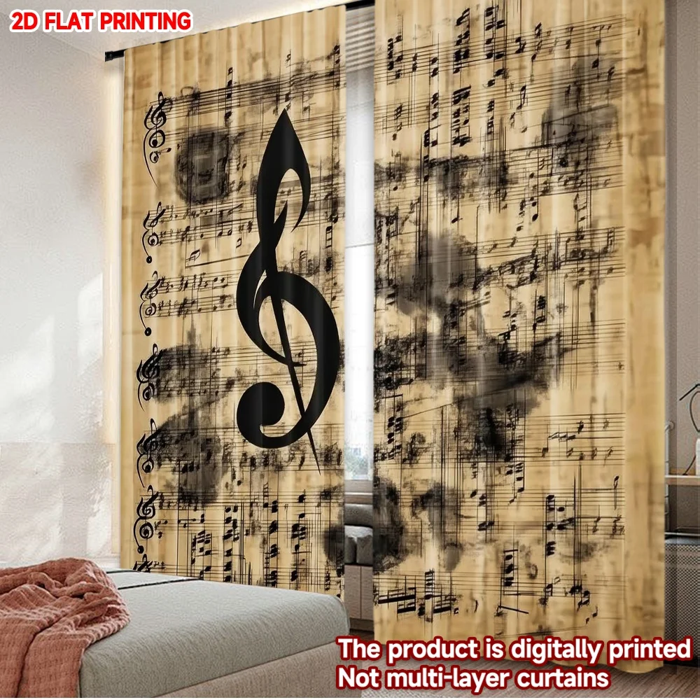 2D-Flachdruck, 2 Stück, Vorhang, Partyvorhang, Grunge-Musiknoten, digital bedruckte Polyester-Vorhänge, Feiertagsdekorationen, Verwendung für