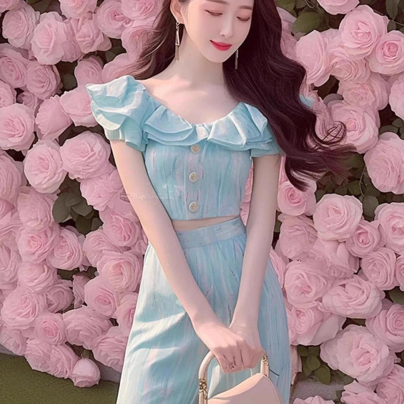 อารมณ์หวานและสดสีฟ้า Feifei แขนเสื้อกางเกงสองชิ้นชุดสตรีแฟชั่นพร็อพฤดูร้อนสูท