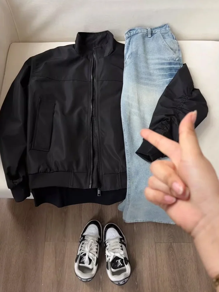 

Bla American Pilot Bomber Jaet ort oulder Ball Game Coat Youth Trend Autumn Windproof Stand Fit Zipper Closure Jaet